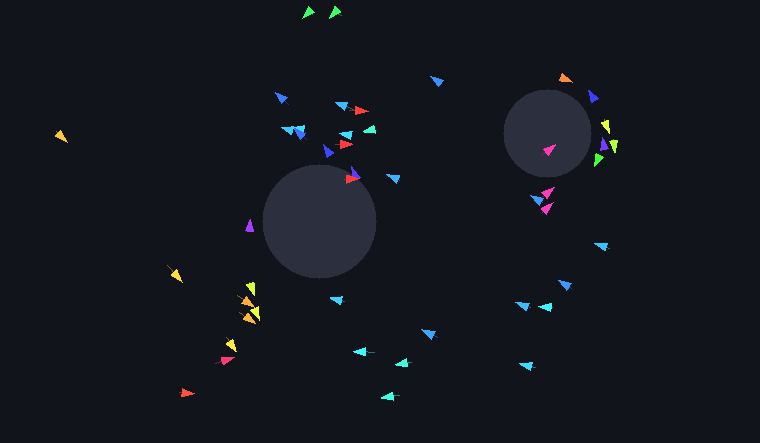 An animated flock of triangular agents wheeling together across the frame, sidestepping two circular obstacles