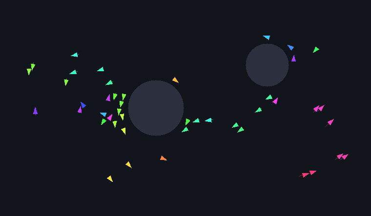 A single frame of the flock, each agent a small triangle pointing along its velocity and hue-coded by heading, with a short motion streak behind it