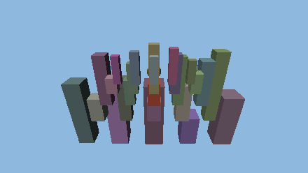 An animated camera orbit around the 3D block city, the red landmark tower spinning at its centre