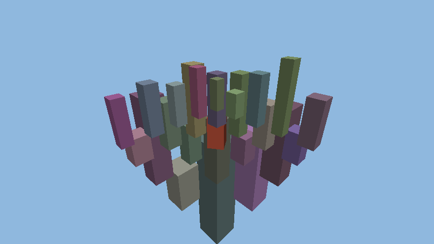 A cluster of lit 3D cube buildings of varying heights on a green ground plane, with a red landmark tower and a golden sphere, under a blue sky