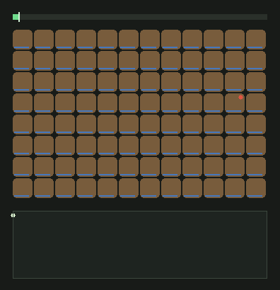 An animated 12 by 8 garden grid stepping across 40 days: bare brown soil greens up as crops grow, gold tiles flag ripe harvests, red pips mark pests, and a coin curve rises at the bottom