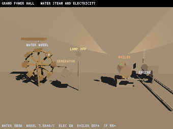 Ray-traced Grand Power Hall - turning water wheel, generator, lamp, boiler and creeping locomotive