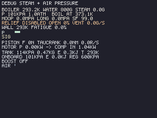 Debug burst demo: the relief valve is welded shut and the firebox is forced, so hoop stress climbs past the ultimate strength and the boiler bursts - shown, not faked, with the burst energy booked to the loss ledger.