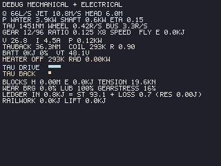 Debug mechanical + electrical pass: flow, water and shaft power, torque bars, RPM, gear ratio, generator volts/amps/watts, battery state, converter loss, block store and the running energy ledger.