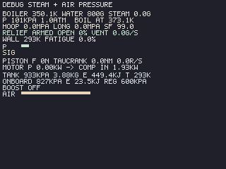 Debug steam + air pass: water temperature, steam mass, boiler pressure, hoop stress, safety factor, relief-valve state, piston force, crank torque and air-tank pressure and energy.