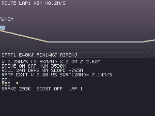 Debug route pass: the train's side-view profile with a force decomposition - drive vs traction cap, rolling resistance, drag and slope - plus boost, wheel slip and ramp-exit speed against the ideal.