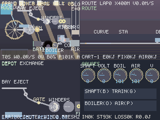 Live four-view composite: HALL, ROUTE, DEPOT and GAUGES panels captured during a timed autopilot run, with measured fps and the energy-ledger residual burned into the HUD.