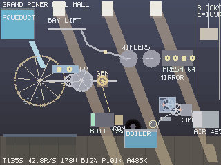 Ray-traced Grand Power Rail Hall in golden-hour light: the water wheel turns under the aqueduct, gears and winders spin, the boiler glows, and the train waits by the launch ramp - HUD ledger burned along the bottom.