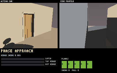 A door chopped through with an axe and collapsing per its joints