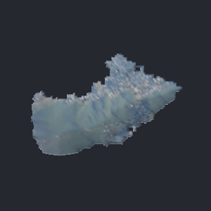An aerial view of a town inflated into a relief, rotating.