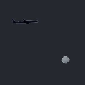 An airplane against a plain sky graded SCENE, a tiny inflated speck rotating.