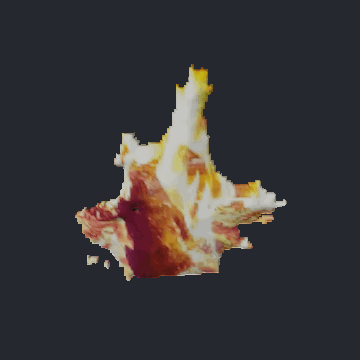 A campfire flame, cut out of a photo and inflated into a puffed 3D solid, rotating on a turntable.