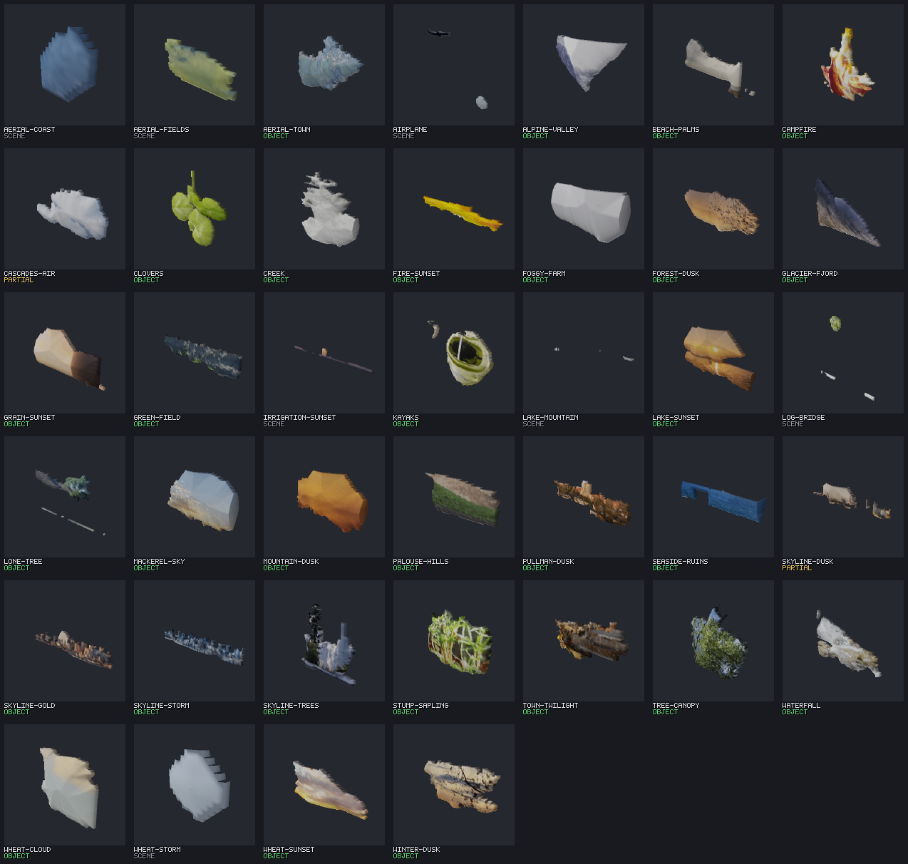 A 7-by-6 contact sheet of all 39 inflated subjects, each tile tagged OBJECT, PARTIAL, or SCENE in green, amber, or grey.