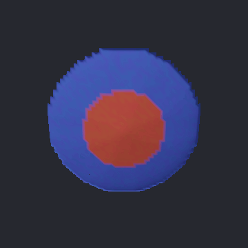A synthetic multi-colour disc inflated into a plump biconvex lens, rotating.