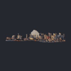A golden-hour city skyline inflated into a relief, rotating.