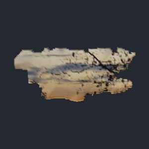A winter dusk scene inflated into a pale solid, rotating.
