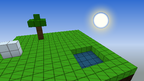 Hand-built scene: grass platform with a sunken water pool, an oak tree, and a small glass wall