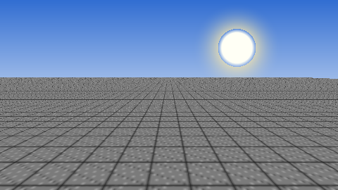 Eye-level view across a flat stone plain to the horizon with the sun high in the sky
