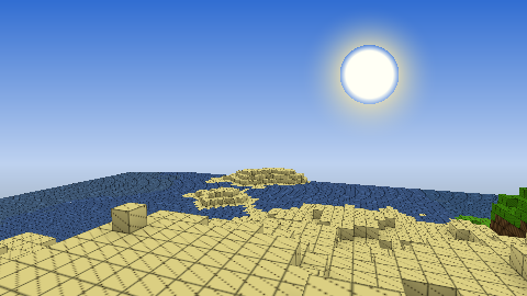 Desert dunes of sand blocks rolling toward distant water under a bright sun