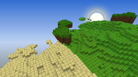 Procedural voxel terrain seen from above a green hilltop, sun glowing in a blue sky