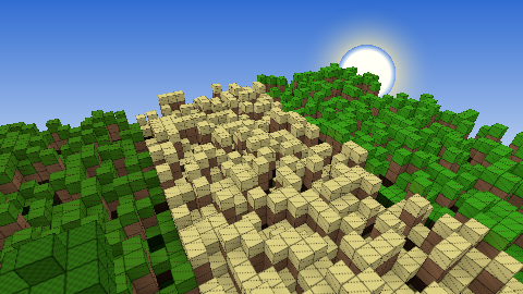 A real Minecraft Anvil save rendered as green voxel hills with a tree and the sun overhead