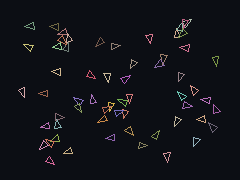 Dozens of colored arrowheads flocking together and splitting apart.