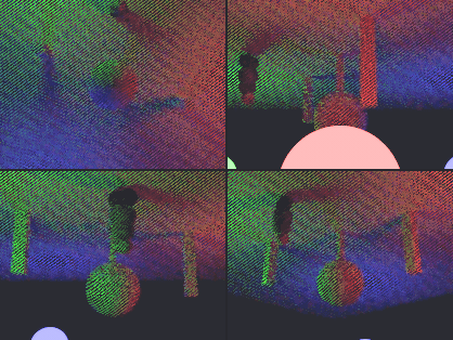 Four camera views of an object lit by red, green and blue lights, each casting its own colored shadow that overlaps to grey.