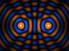 Two point sources radiating concentric waves that interfere in blue and orange bands.
