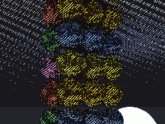 A ball fires into a stacked wall of coloured blocks, which topple.