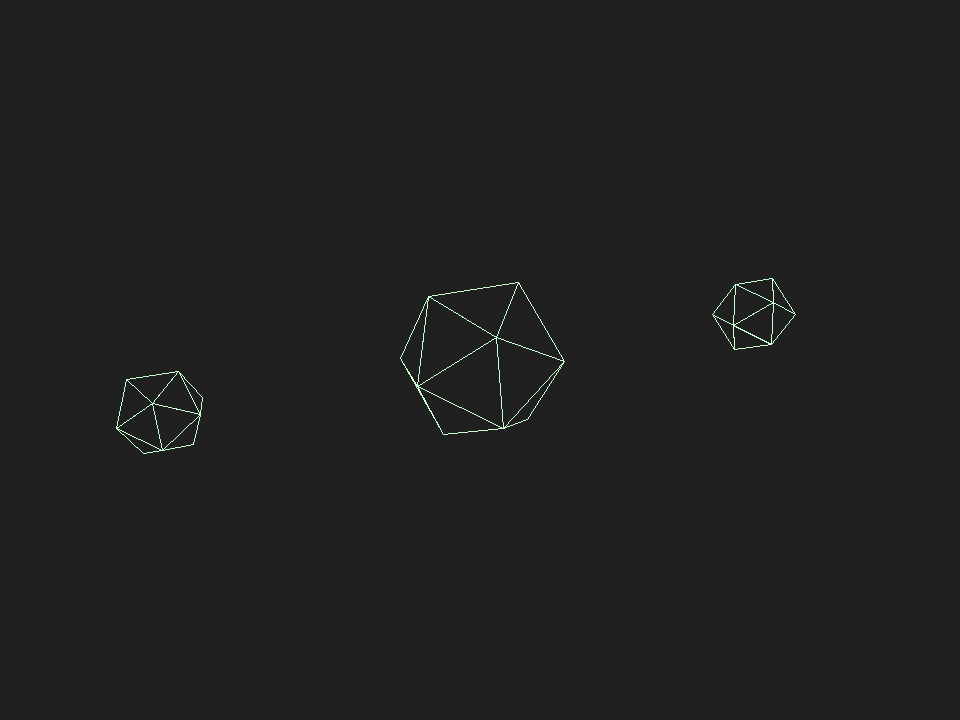 Three icosahedra drawn as thin green triangle edges on a black background - the bare mesh with no fill.