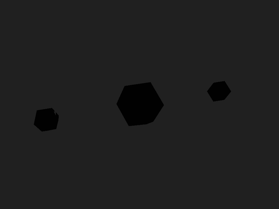 The three icosahedra as near-black silhouettes on a dark field - a depth-buffer visualization where closer surfaces are darker.