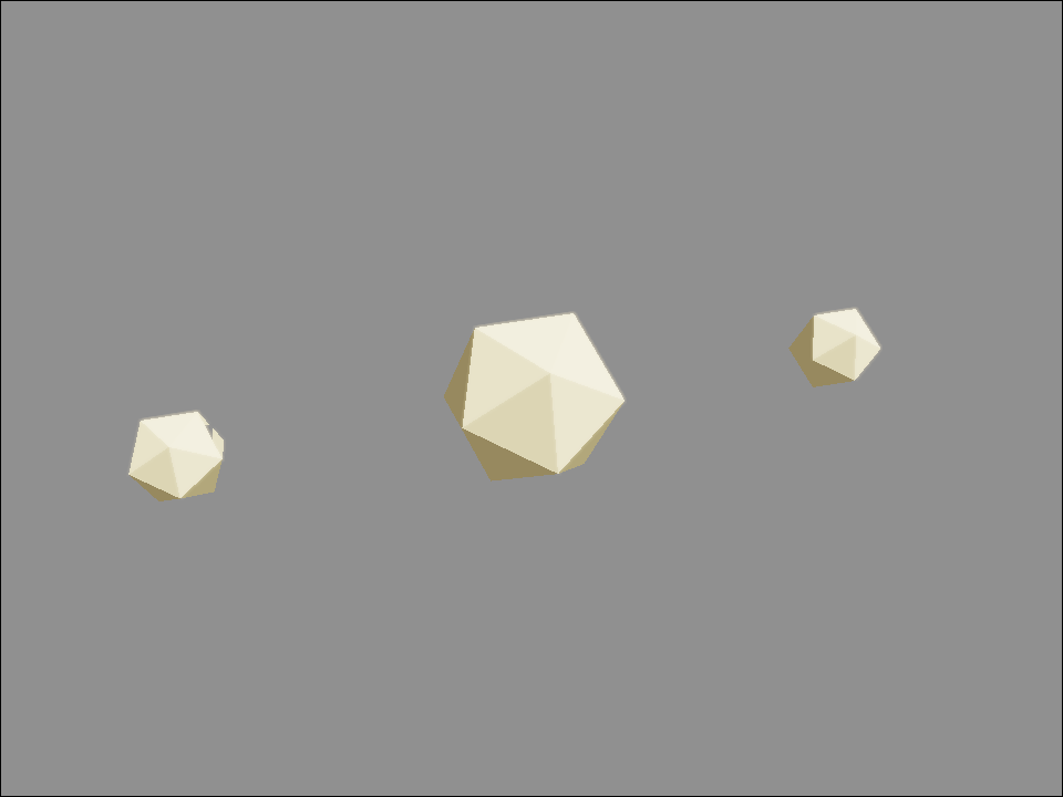 Three cream-colored faceted icosahedra lit from one side by a single directional light on a gray field.