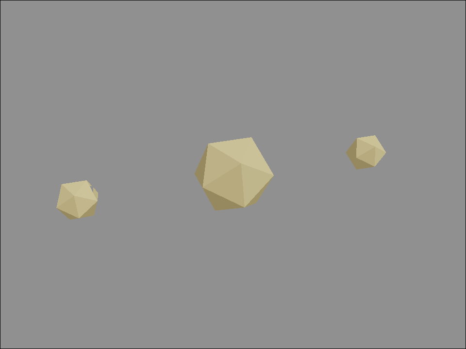 Three smooth gold-colored icosahedra with soft specular highlights from physically based shading on a gray field.