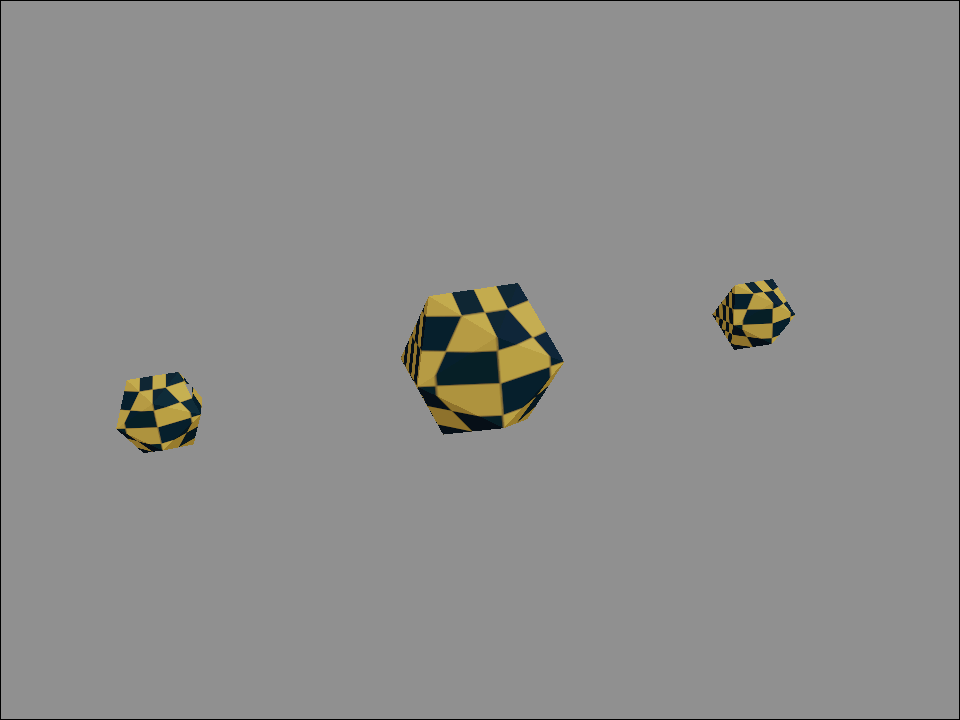 Three icosahedra with a gold-and-navy checkerboard texture, softly shaded and grounded with ambient occlusion on a gray field.