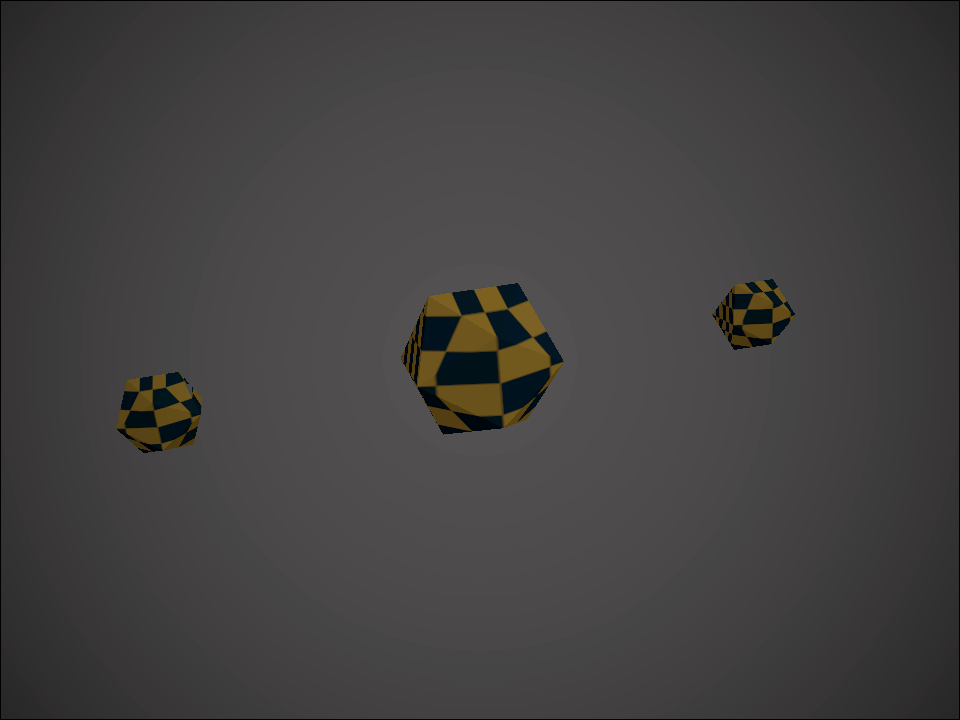 The same textured icosahedra rendered warmer and moodier, with darkened corners from a vignette.
