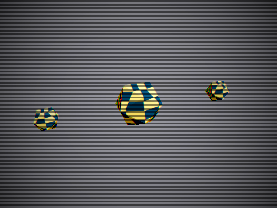 The textured icosahedra shown through a simulated CRT: horizontal scanlines, a vignette, and a slight red-blue color fringe.