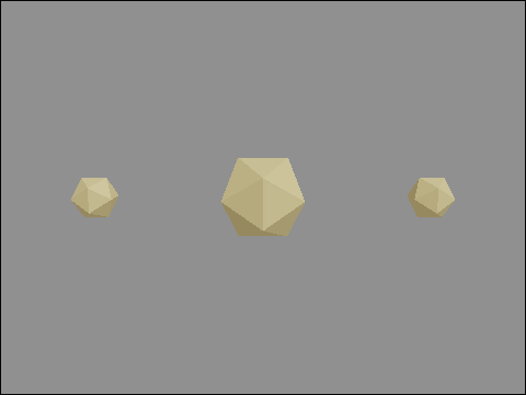 Three icosahedra rotating; the shading model cycles from smooth PBR through Lambert, Toon, Banded, Sawtooth, Fresnel-rim and Holographic stripes across the spin.