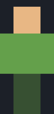 A front-facing paper-doll render of the Alex character skin, orange hair and green shirt