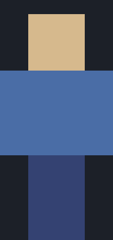 A front-facing paper-doll render of the Steve character skin, blue shirt and dark trousers