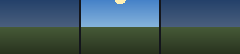 Three side-by-side horizon-to-zenith sky gradients with a sun disk, showing dawn, noon and dusk over a ground band