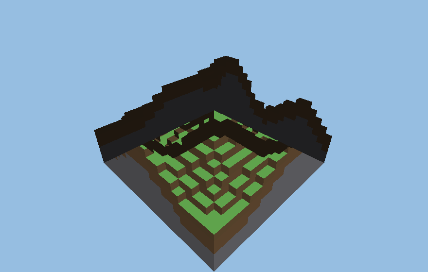 A software-rendered procedural voxel hill of grass, dirt and stone blocks lit by a directional light