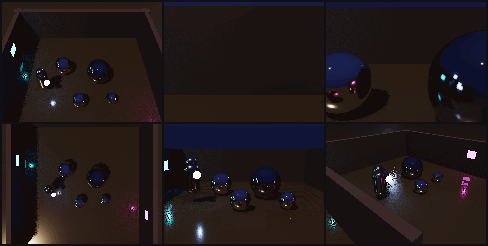 Metal props sampling a cubemap probe next to a wet neon street whose reflection is marched through a screen-space buffer.