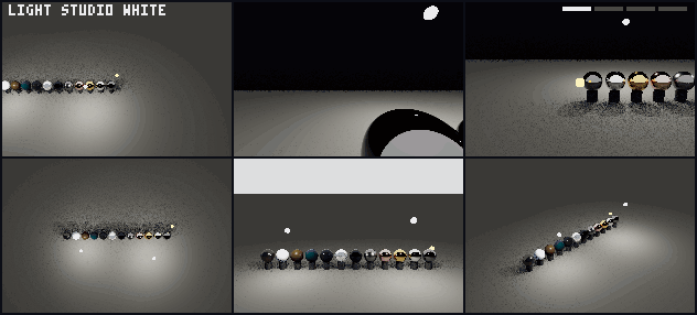 A museum row of twelve reflective specimens - chrome, silver, gold, copper, glass, ice, still water - shown under four lighting environments.