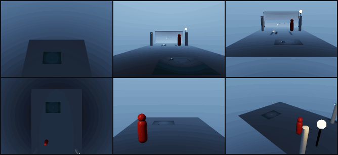 A flat-mirror room where the reflection is produced by re-rendering the world from a camera mirrored across the reflector plane.