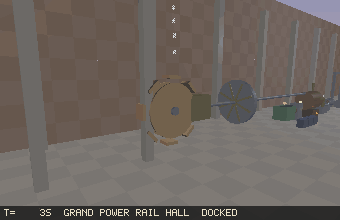A six-camera beauty pass of the Grand Power Rail Hall, a real-time reality-sim engine scene with reflective floors.
