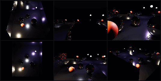 Six-camera hall of mirrors: chrome and brushed-metal walls face each other, reflecting metal spheres and a red hero orb into a bounded infinity corridor.