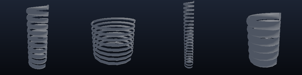 Four coil shapes side by side: a tight spring, a wide slinky, a long coil, and a chunky bedspring.
