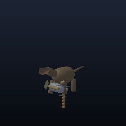 The whole lander craft riding a walking creature's leg like a saddlebag, dish still spinning, with a copper wire streamer trailing.