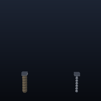 Two pendant chains take the same sideways jolt; the left one snaps off its post and falls while the right one swings and recovers.