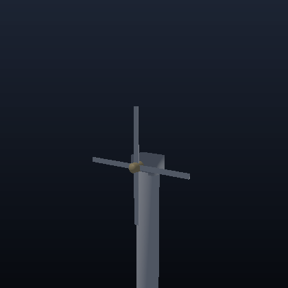 A windmill with four blades orbiting its spinning hub and a rope swaying beneath the nacelle.
